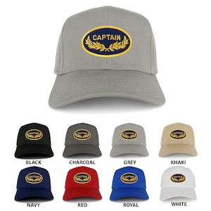 May include: A set of ten baseball caps in various colours, each featuring a navy blue oval patch with gold embroidery that reads "CAPTAIN" and a laurel wreath design.