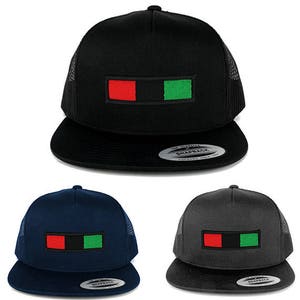 May include: Three black, navy blue, and gray trucker hats with a red, green, and black stripe design. The hats are all mesh back and have a curved brim.