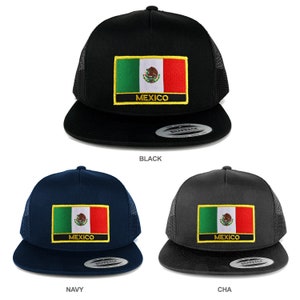 Mexico Flag Patch 5 Panel Flat Bill Trucker Mesh Cap