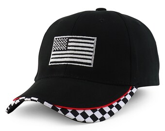 Grey American Flag Embroidered Racing Flag Cap Fits Kids to Adult 2XL