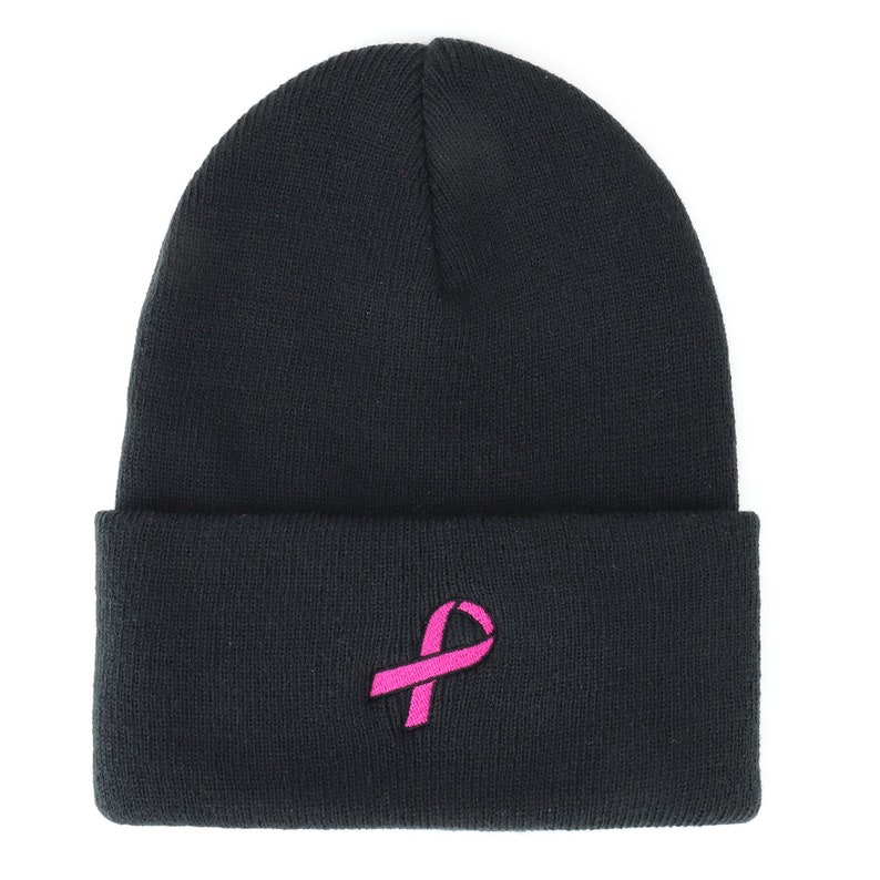 Sensibilisation au cancer du sein Ruban rose Brodé Long Beanie Rose chaud ou Noir image 8