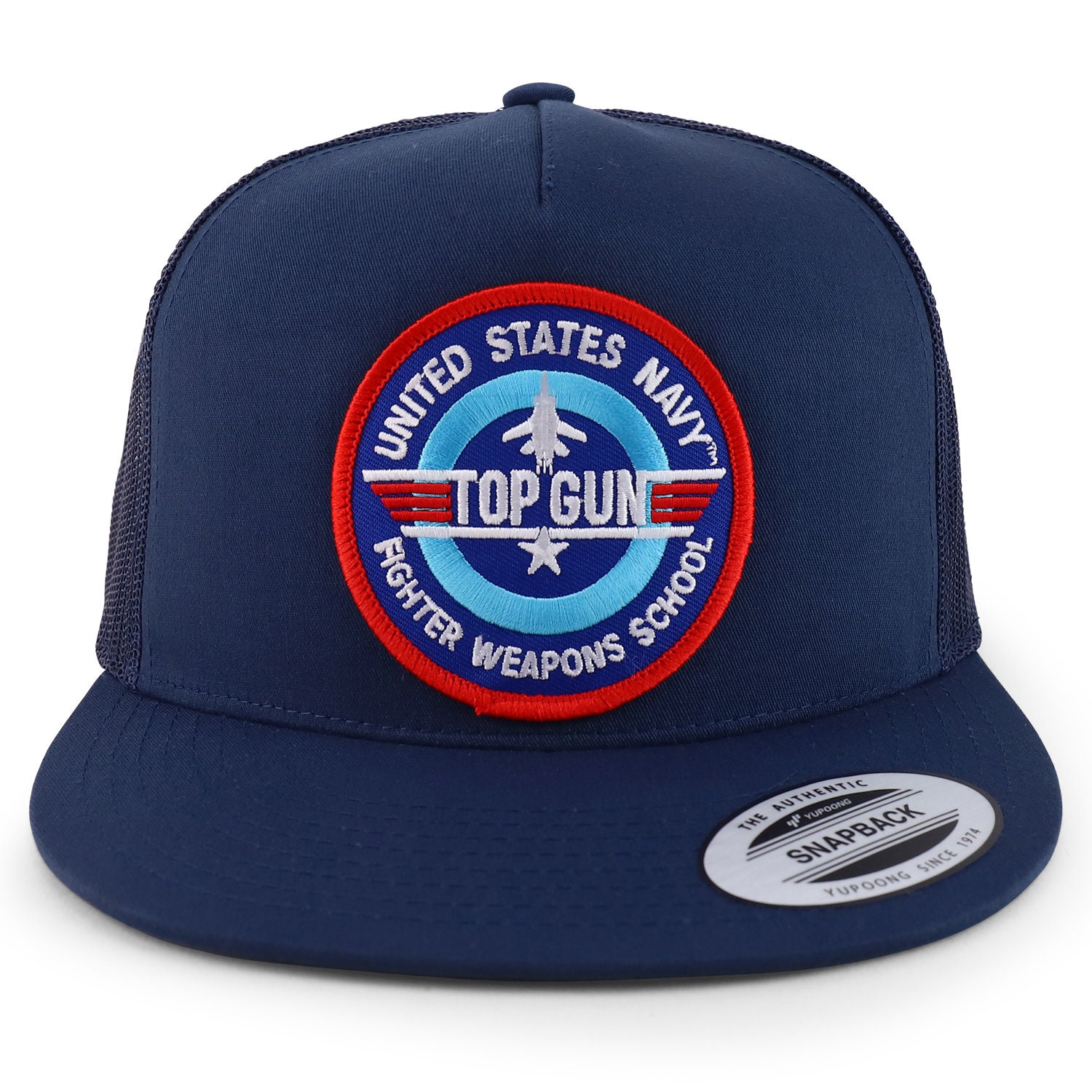 Armycrew US Navy TOPGUN Patch Trucker Cap - 5 Panel, Flat Bill, Mesh Back, Adjustable Snap, Officially Licensed