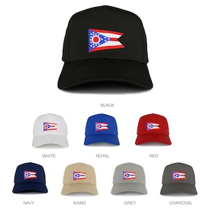 May include: A set of ten baseball caps featuring the Ohio state flag in various colors, including black, white, royal blue, red, navy blue, khaki, grey, and charcoal.