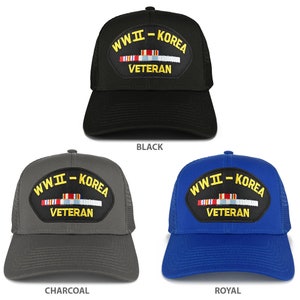 May include: Three trucker hats in black, charcoal grey, and royal blue with a yellow embroidered patch that reads "WWII - KOREA VETERAN".
