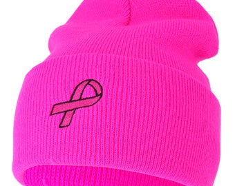 Breast Cancer Awareness Pink Ribbon Embroidered Long Beanie - Hot Pink or Black