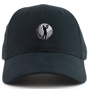 May include: A black baseball cap with a white golf ball and a golfer silhouette embroidered on the front.