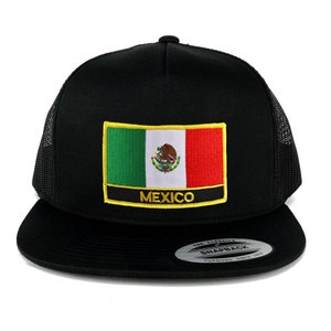 Mexico Flag Patch 5 Panel Flat Bill Trucker Mesh Cap