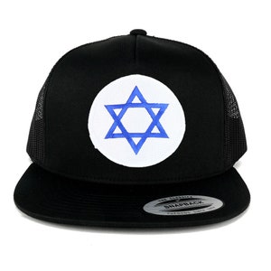 May include: Black trucker hat with a white circle and a blue Star of David on the front. The hat has a black mesh back and a black snap closure.