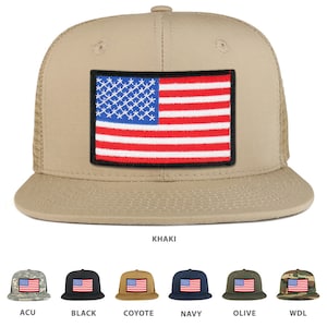 May include: A trucker hat with a mesh back and a front panel featuring an embroidered American flag patch. The hat is available in 10 different colors, including khaki, black, coyote, navy, olive, and woodland.
