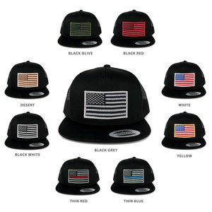 May include: Ten different trucker hats with a black mesh back and a black front panel. Each hat features a different color American flag patch on the front. The colors include black, white, red, grey, olive, desert, yellow, and thin red and blue.