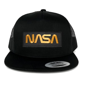 Oversize XXL NASA Worm Gold Text Patch 5 Panel Flatbill Snapback Mesh Cap