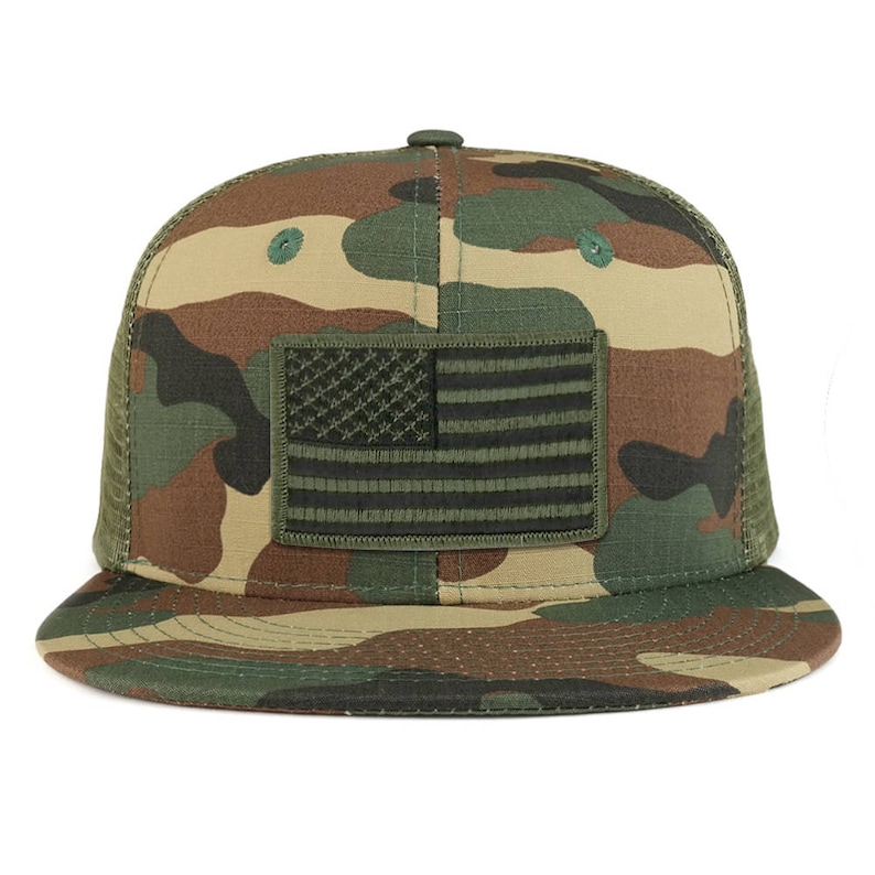 American Flag Camo Snapback Trucker Hat - Flat Bill, Adjustable, Olive Black - View #13