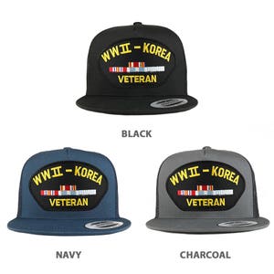 May include: Three trucker hats in black, navy blue, and charcoal gray with a black embroidered patch that reads "WW II - KOREA VETERAN" with a row of colorful ribbons.