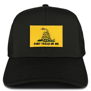 May include: A black trucker hat with a yellow "Don't Tread on Me" patch featuring a coiled rattlesnake. The patch is embroidered with the snake and the text.
