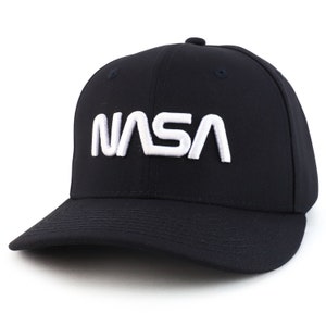 May include: A black baseball cap with a white embroidered NASA logo.