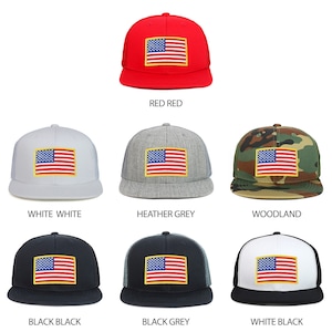 Youth Kid&#39;s Yellow American Flag Patch Flat Bill Snapback Trucker Cap