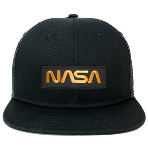 Oversize XXL NASA Worm Gold Text Patch Flatbill Mesh Snapback Cap