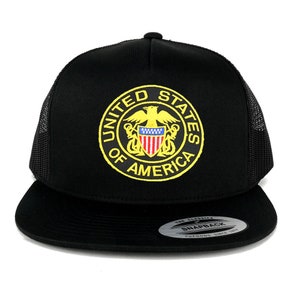 Flexfit USA Emblem Black Yellow Patch 5 Panel Flatbill Mesh Snapback Cap (6006-US-BY)
