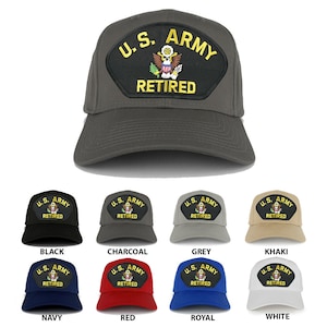 May include: A set of ten baseball caps in various colors, each featuring a black patch with a gold embroidered U.S. Army seal and the word "RETIRED". The caps are available in black, charcoal, grey, khaki, navy, red, royal blue, and white.