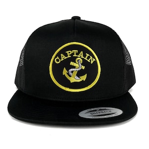 May include: Black trucker hat with a yellow circle patch that says "CAPTAIN" with a yellow anchor and rope inside the circle.