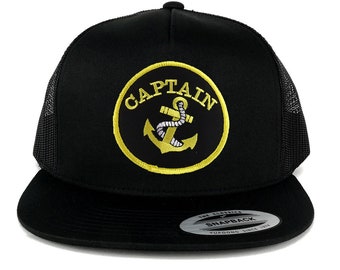 Captain Anchor Circular Patch 5 Panel Flat Bill Trucker Mesh Cap
