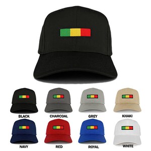 May include: A set of ten baseball caps in various colors, each featuring a yellow, green, and red embroidered flag design. The caps are available in black, charcoal, grey, khaki, navy, red, royal, and white.