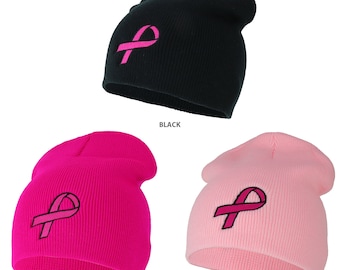 Breast Cancer Awareness Pink Ribbon Embroidered Short Beanie - Etsy
