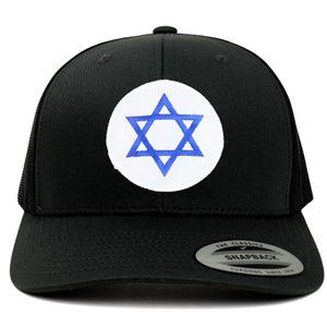 May include: Black trucker hat with a white circle and a blue Star of David embroidered on the front. The hat has a mesh back and a black adjustable snap closure.