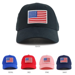May include: A set of baseball caps with an embroidered American flag patch. The caps are available in black, royal blue, red, pink, and navy blue.