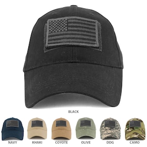May include: A black baseball cap with a black embroidered American flag patch on the front. The cap is available in other colors, including navy, khaki, coyote, olive, DDG, and camo.