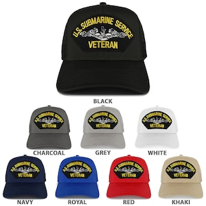 May include: A collection of ten trucker hats in various colors, each featuring a gold embroidered patch with the text "U.S. Submarine Service Veteran". The hats are arranged in two rows of five, with the colors black, charcoal, grey, white, navy, royal blue, red, and khaki.