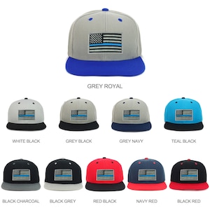 Youth Kid&#39;s Thin Blue Line American Flag Patch Flat Bill Snapback 2-Tone Baseball Cap