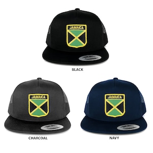 May include: Three trucker hats with a Jamaican flag patch. The hats are black, charcoal, and navy blue.
