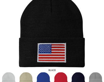 Made in USA - WHITE American Flag Embroidered Patch Long Cuff Beanie (3825-WHITE)