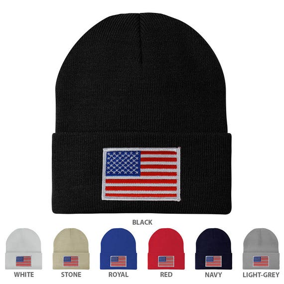 Armycrew Made In USA Beanie - Grey American Flag Embroidered Knit Cuff Hat, Neon Pink