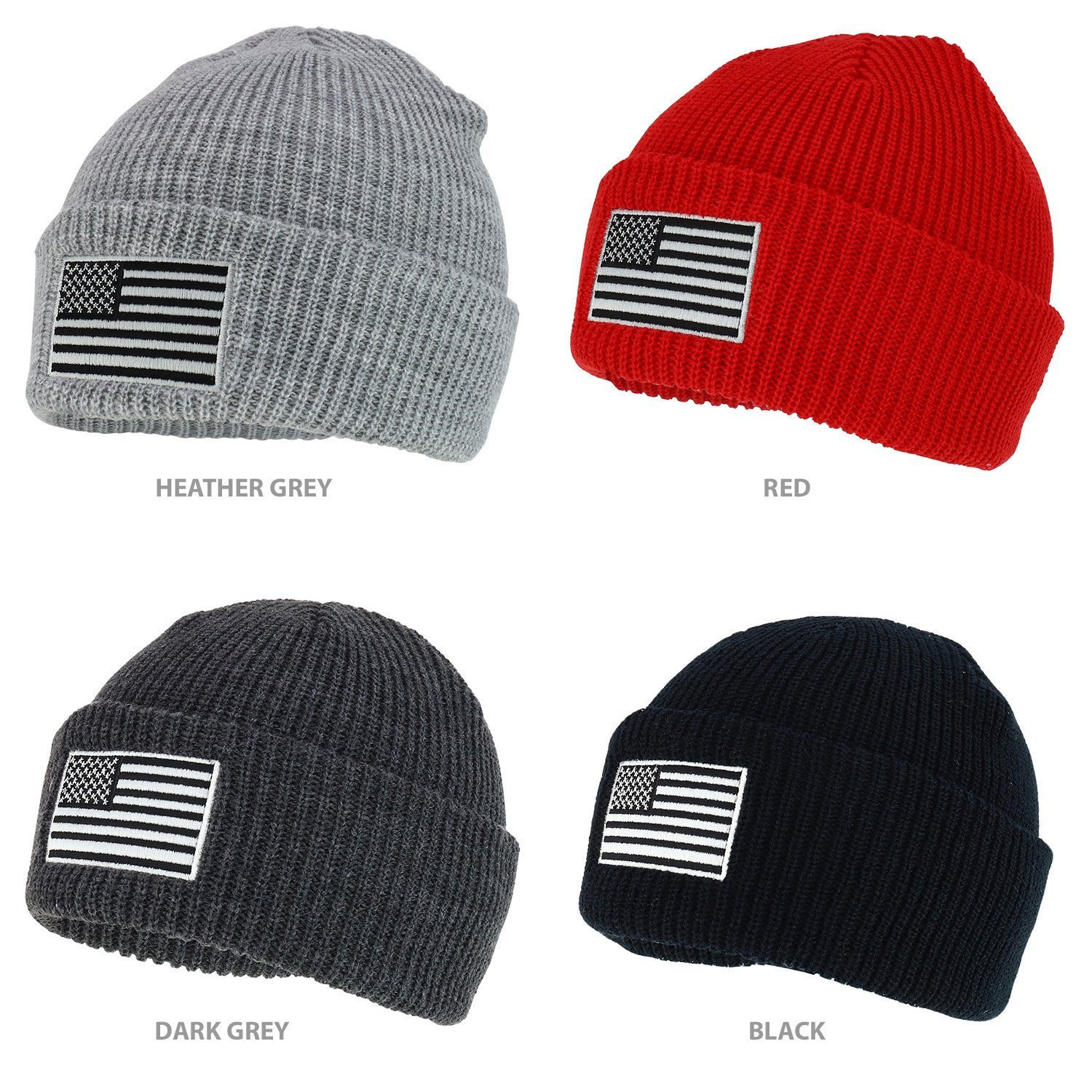 Armycrew Made In USA Knit Beanie – Grey With Embroidered American Flag, Cuffed Long Style (One Size) - View #12