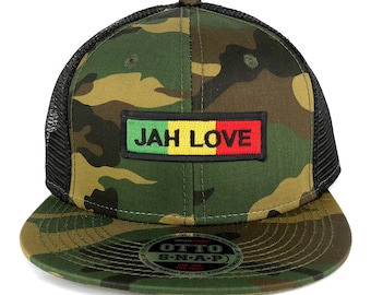 Jah Love Green Yellow Red Embroidered Patch Camo Flat Bill Snapback Mesh Cap (153-1120-AFRICA-33)