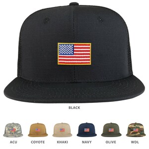 May include: A black and white American flag patch on a black mesh trucker hat. The hat is available in other colors: ACU, Coyote, Khaki, Navy, Olive, and WDL.