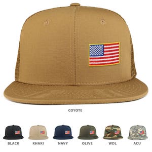 Small Side American Flag Iron on Patch Flat Bill Ripstop Trucker Mesh Cap - (241-FLAG-11A)