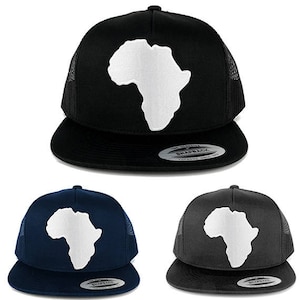 May include: Three trucker hats with a white outline of the continent of Africa on the front. The hats are black, navy blue, and gray.
