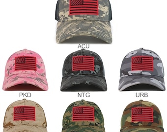 Black Red American Flag Patch Camouflage Structured Mesh Trucker Cap
