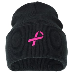 Sensibilisation au cancer du sein Ruban rose Brodé Long Beanie Rose chaud ou Noir image 6