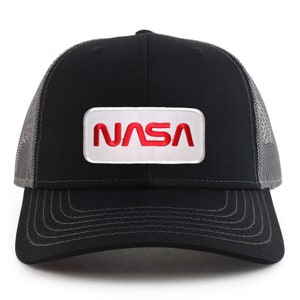 NASA Worm Red Text Patch 6 Panel Two Tone Mesh Back Trucker Cap