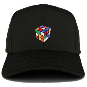 May include: A black baseball cap with a colorful embroidered Rubik's Cube design on the front.