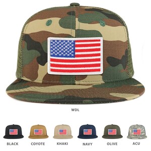White American Flag Iron on Patch Flat Bill Ripstop Trucker Mesh Cap - (241-WHITE)