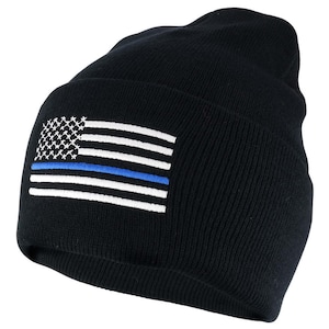 Police Law Enforcement Support Thin Blue Flag Embroidered Cuff Beanie Hat (SCPOLF-BLK)