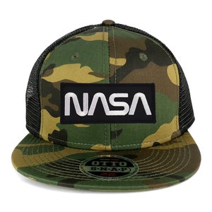 NASA Black White Worm Patch Structured Camo Flatbill Trucker Mesh Cap