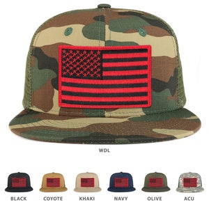 Black Red American Flag Iron sur Patch Flat Bill Ripstop Trucker Mesh Cap - (241-BLACKRED)