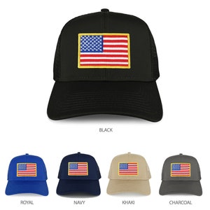 May include: A black, navy, royal blue, khaki, and charcoal trucker hat with a red, white, and blue American flag patch on the front. The flag patch has a yellow border.