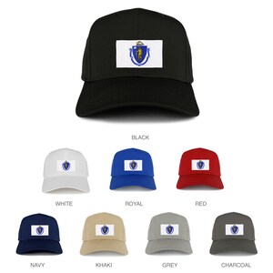 May include: A set of ten baseball caps featuring the state seal of Massachusetts. The caps are available in ten different colors: black, white, royal blue, red, navy blue, khaki, grey, charcoal, dark green, and light blue.